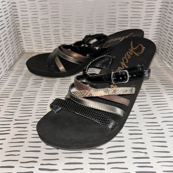 Skechers Black Brown Snake Strappy Sandal Wedge Slide Cali Rambler Womens 10‎ - Picture 1 of 7